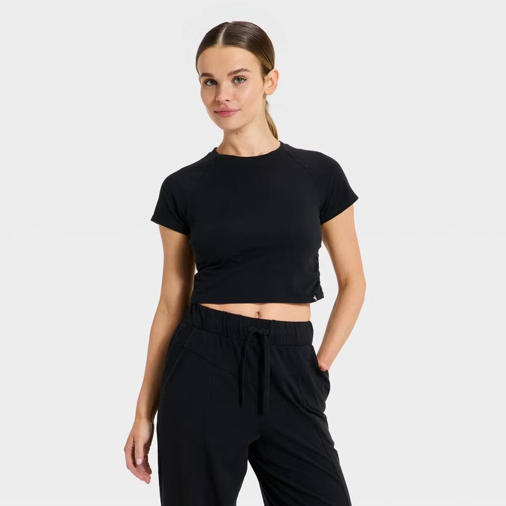 JoyLab Shirt Womens Medium Black Cropped Short Sleeve Crew Neck Athletic Top